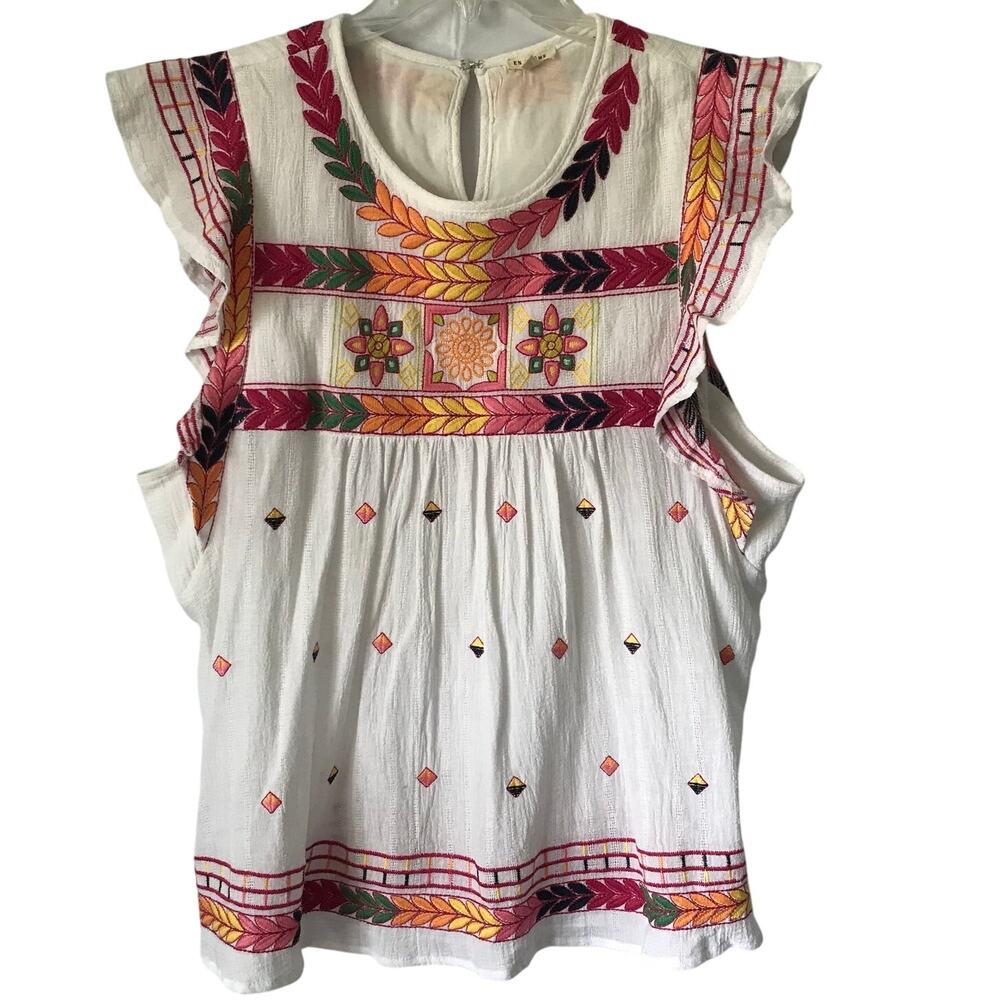 En Creme Blouse Top Large Womens Large Embroidery Rainbow Gauze Flutter Sleeve
